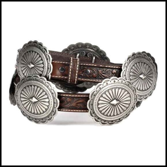 Genuine Leather Tooled Belt with Silver Oval Concho
